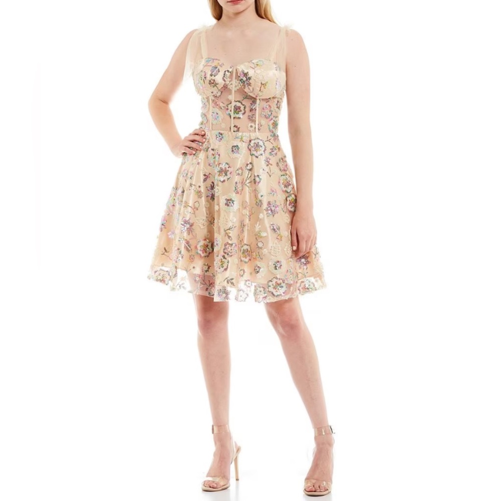 Coya Collection (S) Sequin Floral Corset Bodice Tie Sleeve Fit and Flare Dress